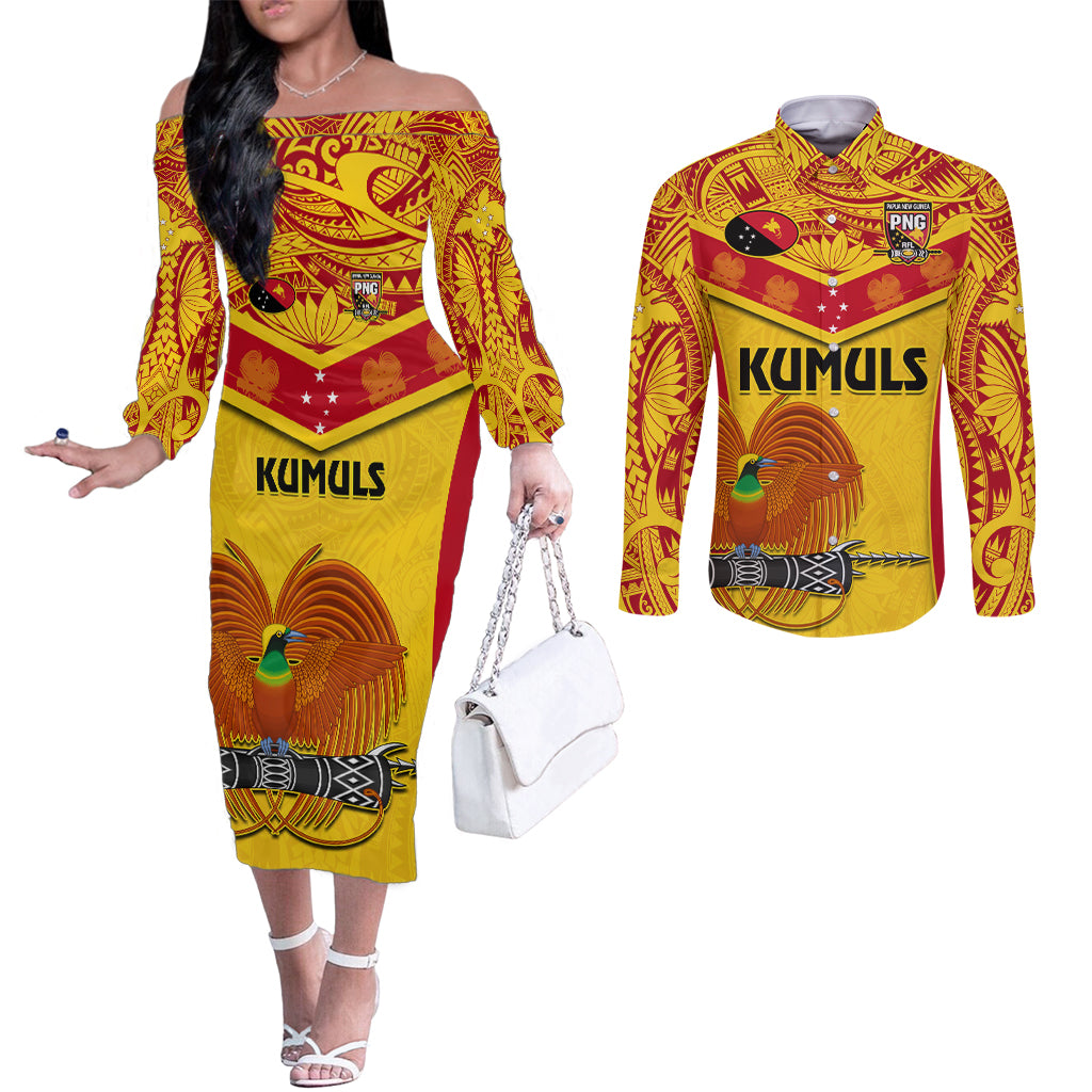 Custom Papua New Guinea Rugby Couples Matching Off The Shoulder Long Sleeve Dress and Long Sleeve Button Shirt 2023 Go Kumuls Pacific Dynamic Style LT14 Yellow - Polynesian Pride