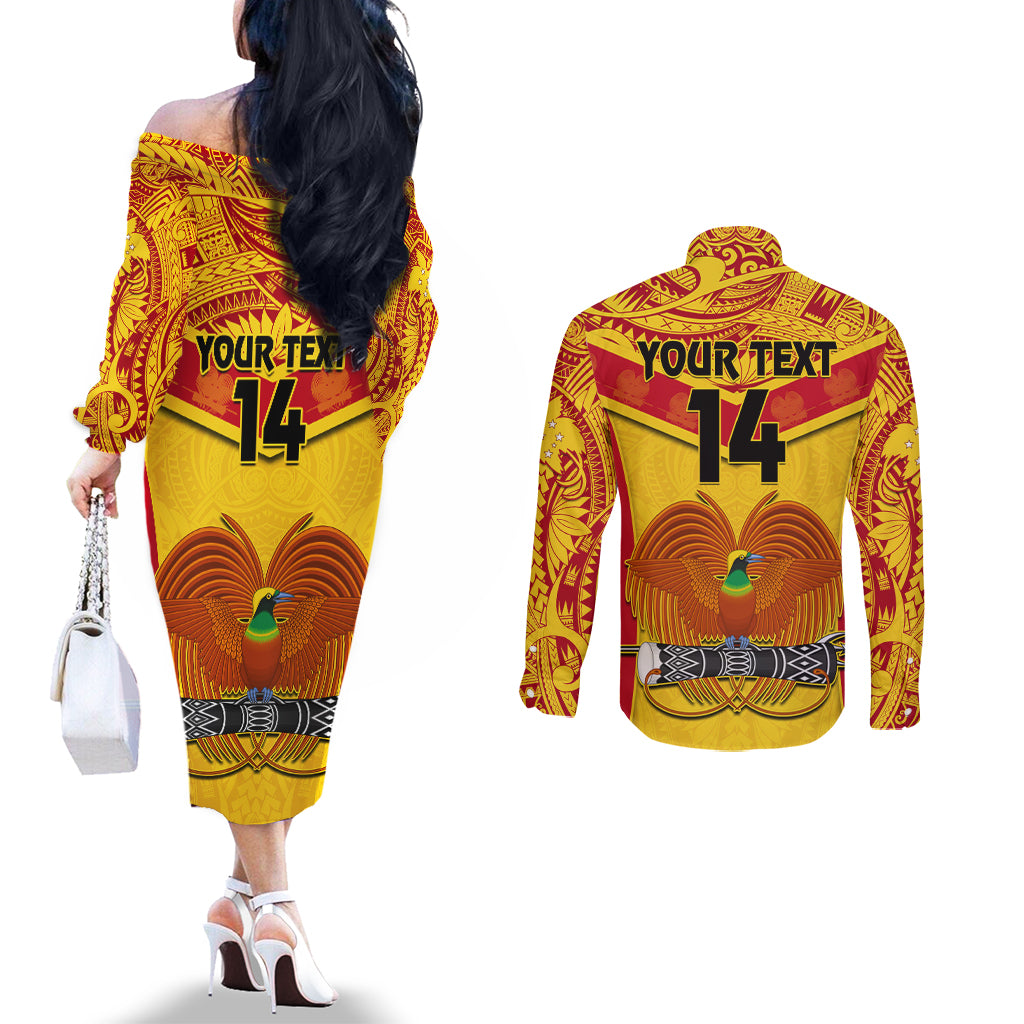 Custom Papua New Guinea Rugby Couples Matching Off The Shoulder Long Sleeve Dress and Long Sleeve Button Shirt 2023 Go Kumuls Pacific Dynamic Style LT14 - Polynesian Pride