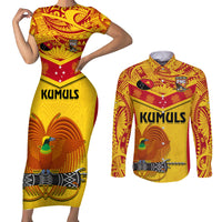 Custom Papua New Guinea Rugby Couples Matching Short Sleeve Bodycon Dress and Long Sleeve Button Shirt 2023 Go Kumuls Pacific Dynamic Style LT14 Yellow - Polynesian Pride
