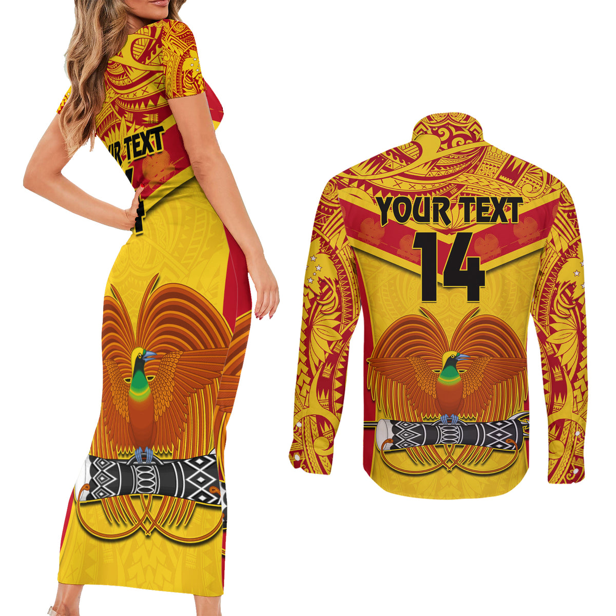 Custom Papua New Guinea Rugby Couples Matching Short Sleeve Bodycon Dress and Long Sleeve Button Shirt 2023 Go Kumuls Pacific Dynamic Style LT14 - Polynesian Pride