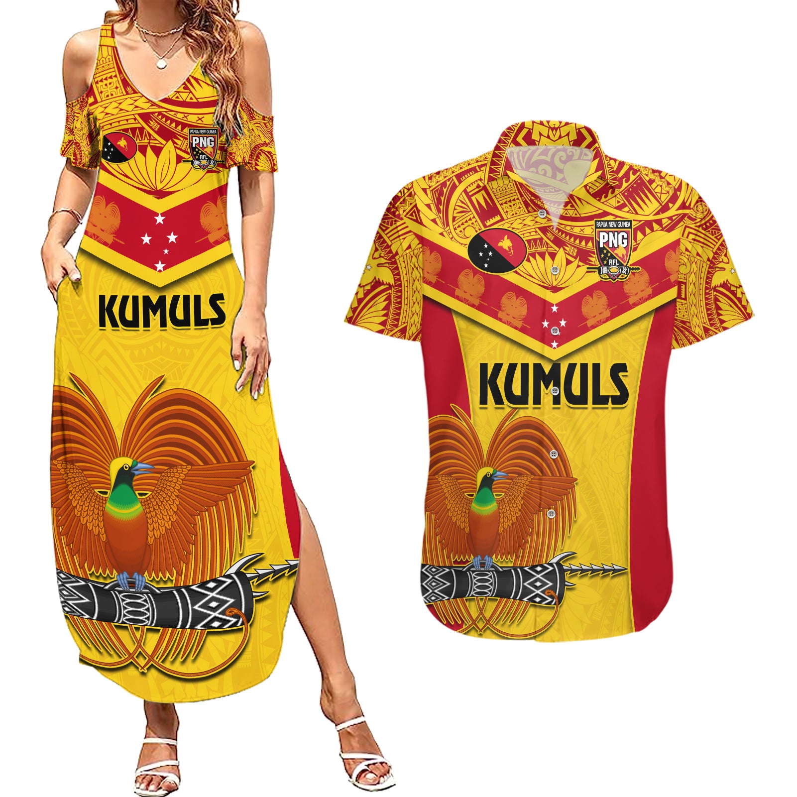 Custom Papua New Guinea Rugby Couples Matching Summer Maxi Dress and Hawaiian Shirt 2023 Go Kumuls Pacific Dynamic Style LT14 Yellow - Polynesian Pride