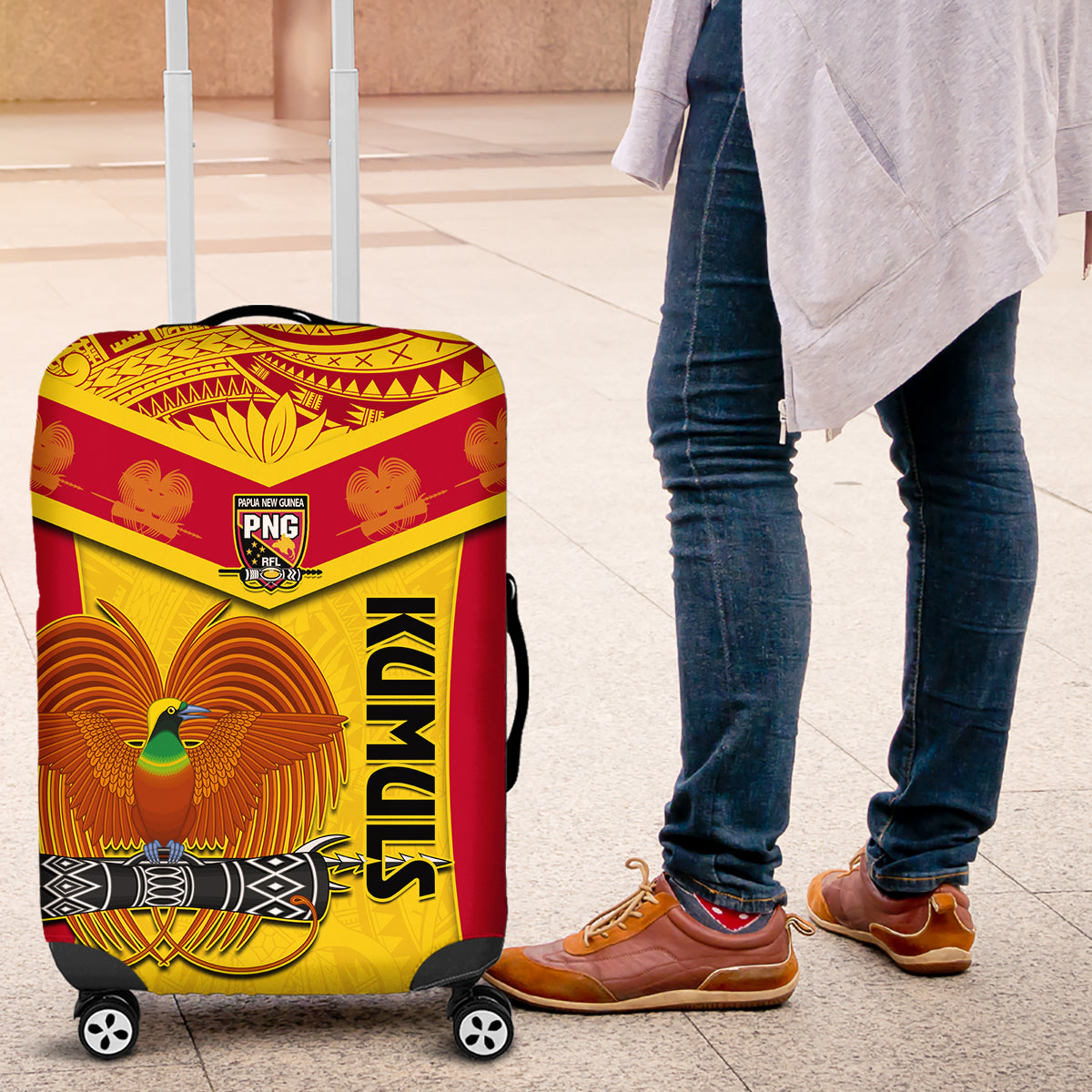Papua New Guinea Rugby Luggage Cover 2023 Go Kumuls Pacific Dynamic Style LT14 Yellow - Polynesian Pride