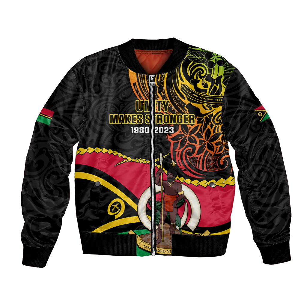 Personalised Vanuatu Unity Day Bomber Jacket 29 November Coat Of Arms With Flag Style LT14 Unisex Black - Polynesian Pride
