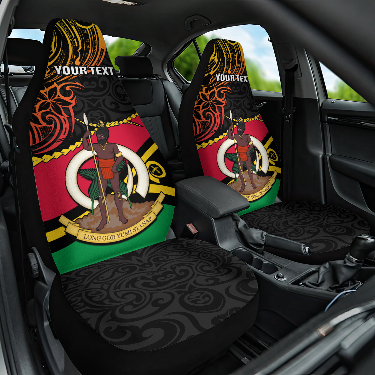 Personalised Vanuatu Unity Day Car Seat Cover 29 November Coat Of Arms With Flag Style LT14 One Size Black - Polynesian Pride