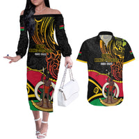 Personalised Vanuatu Unity Day Couples Matching Off The Shoulder Long Sleeve Dress and Hawaiian Shirt 29 November Coat Of Arms With Flag Style LT14 Black - Polynesian Pride