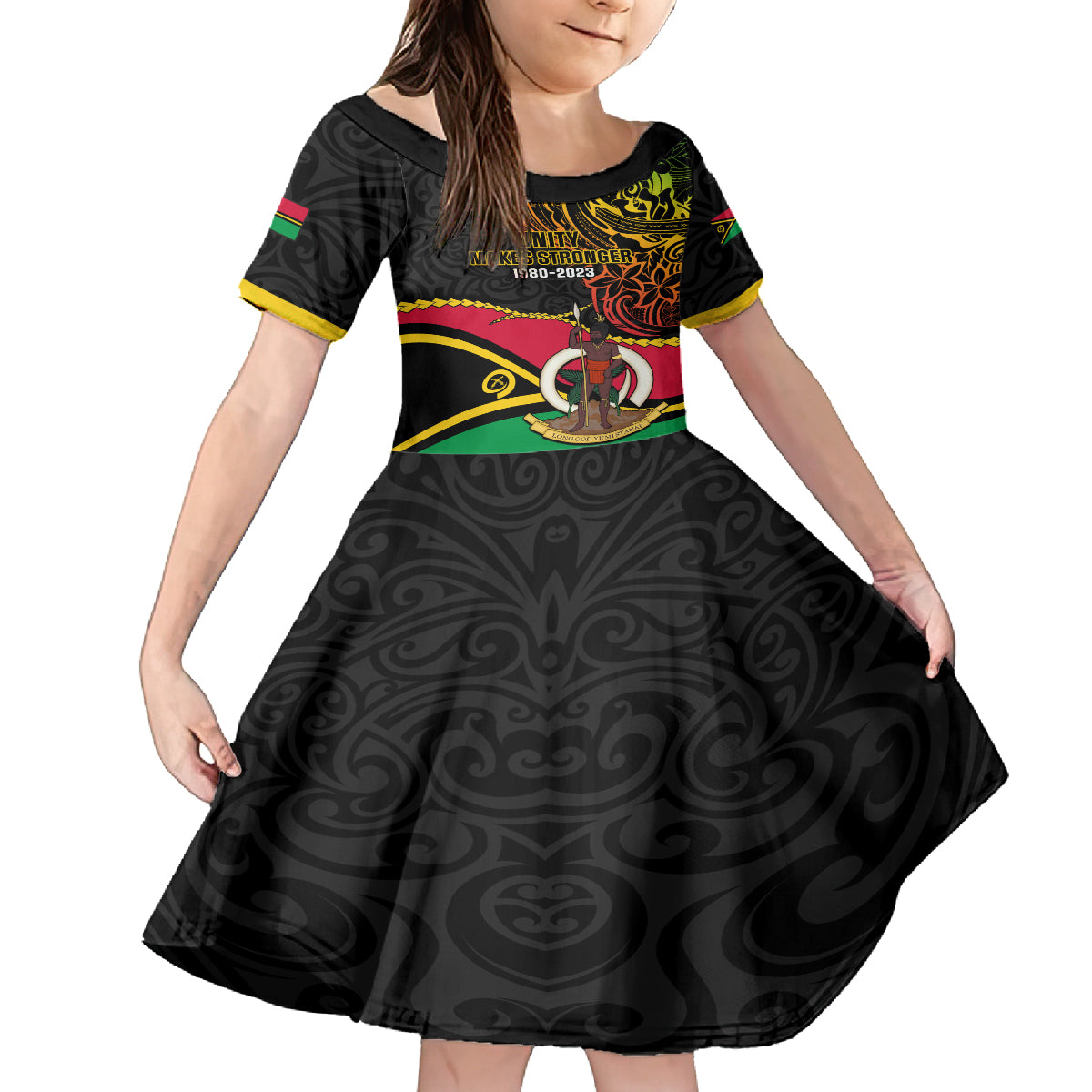 Personalised Vanuatu Unity Day Kid Short Sleeve Dress 29 November Coat Of Arms With Flag Style LT14 KID Black - Polynesian Pride
