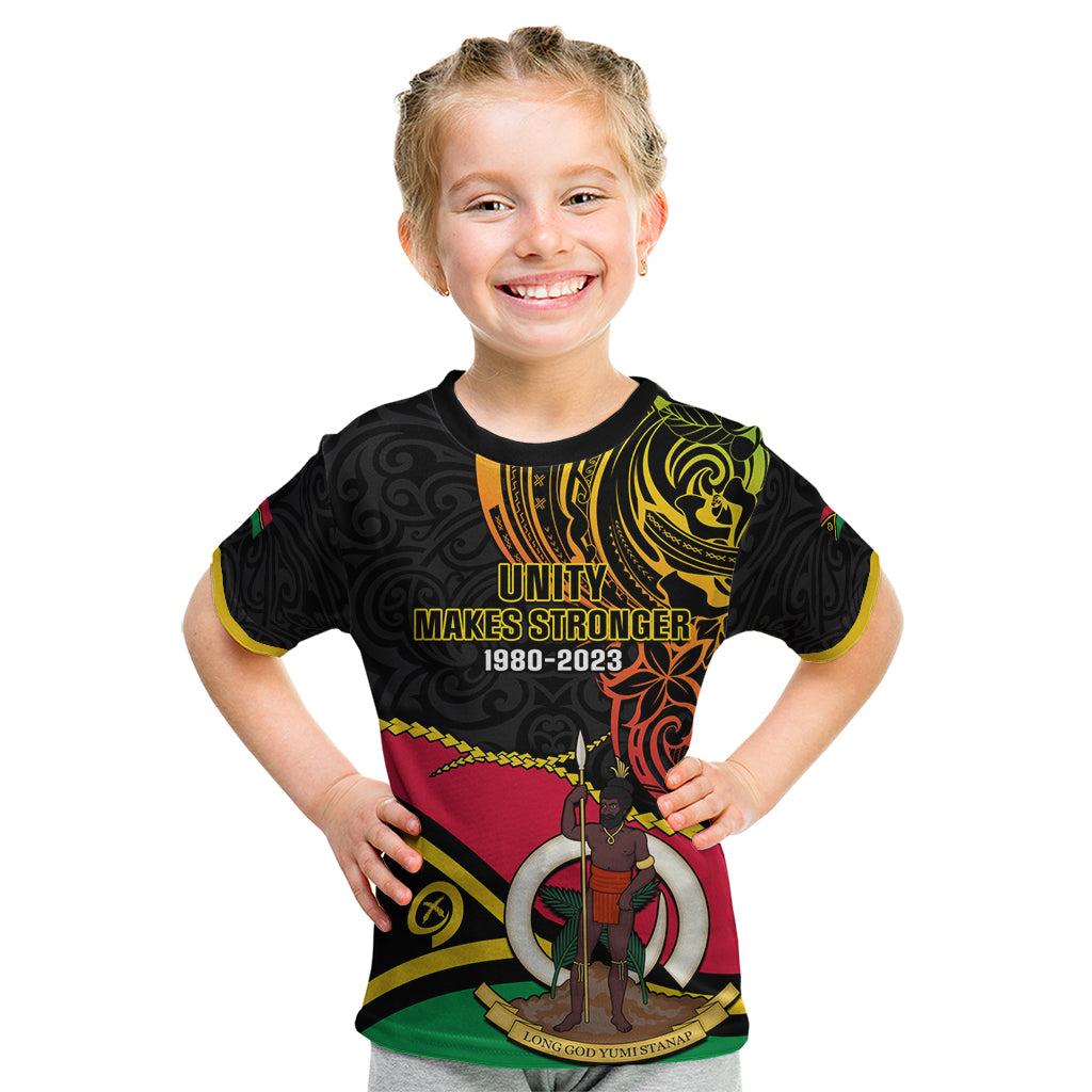 Personalised Vanuatu Unity Day Kid T Shirt 29 November Coat Of Arms With Flag Style LT14 Black - Polynesian Pride