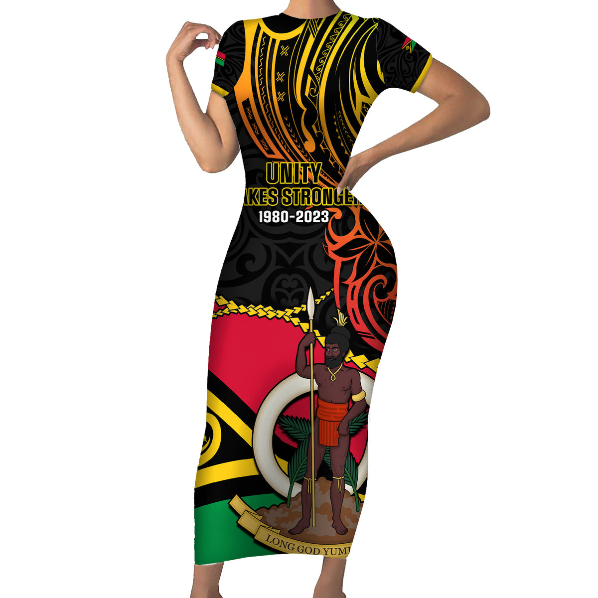 Personalised Vanuatu Unity Day Short Sleeve Bodycon Dress 29 November Coat Of Arms With Flag Style LT14 Long Dress Black - Polynesian Pride