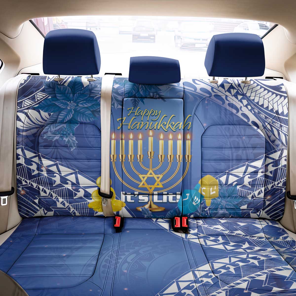 Hanukkah Jewish Festival Back Car Seat Cover It's Lit - Polynesian Pattern