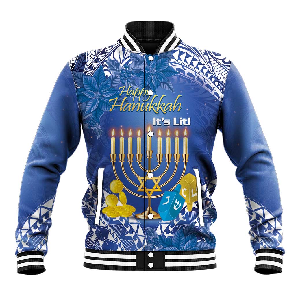 Personalised Hanukkah Jewish Festival Baseball Jacket It's Lit - Polynesian Pattern