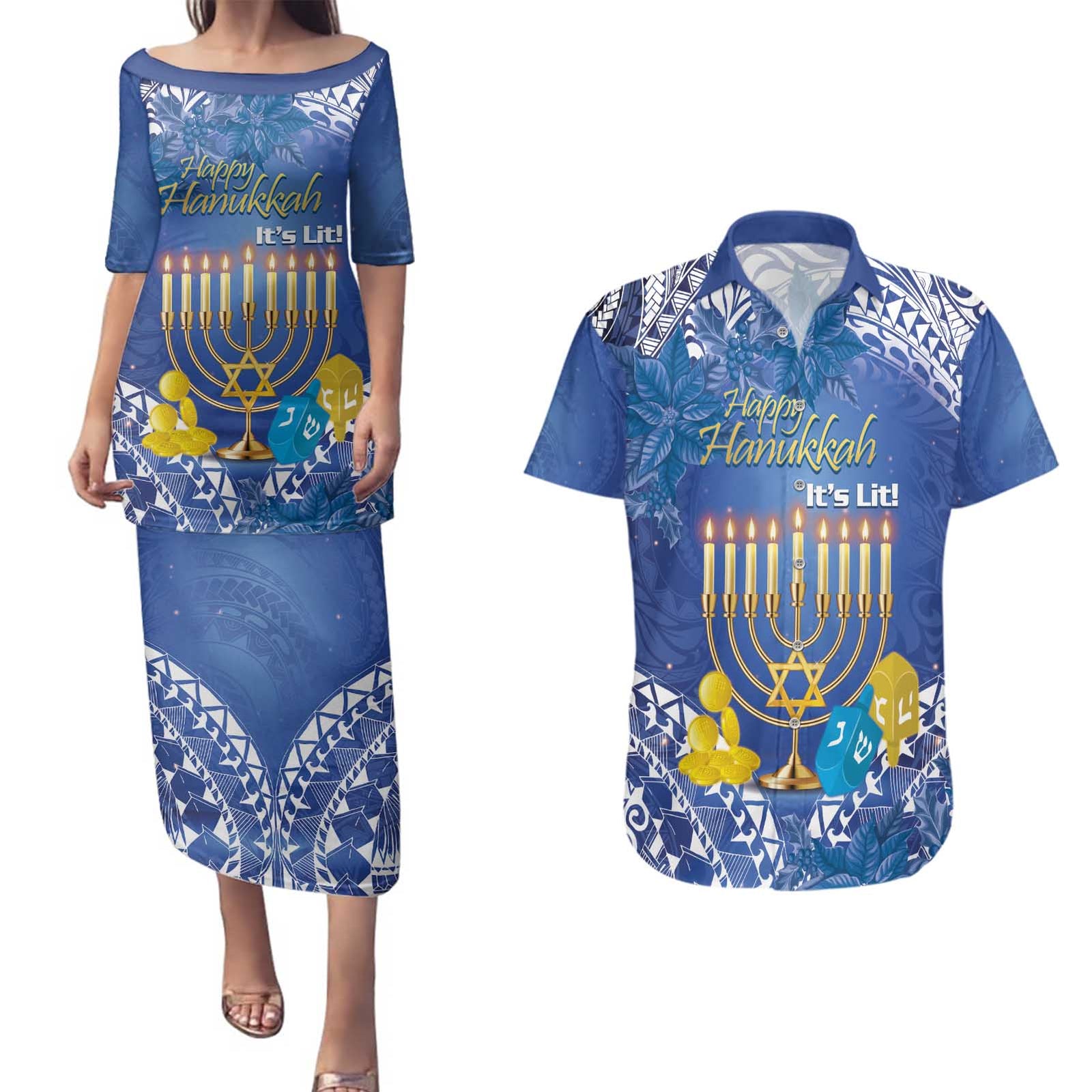 Personalised Hanukkah Jewish Festival Couples Matching Puletasi and Hawaiian Shirt It's Lit - Polynesian Pattern