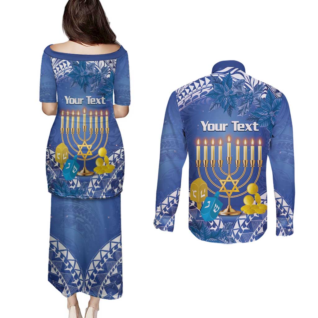 Personalised Hanukkah Jewish Festival Couples Matching Puletasi and Long Sleeve Button Shirt It's Lit - Polynesian Pattern