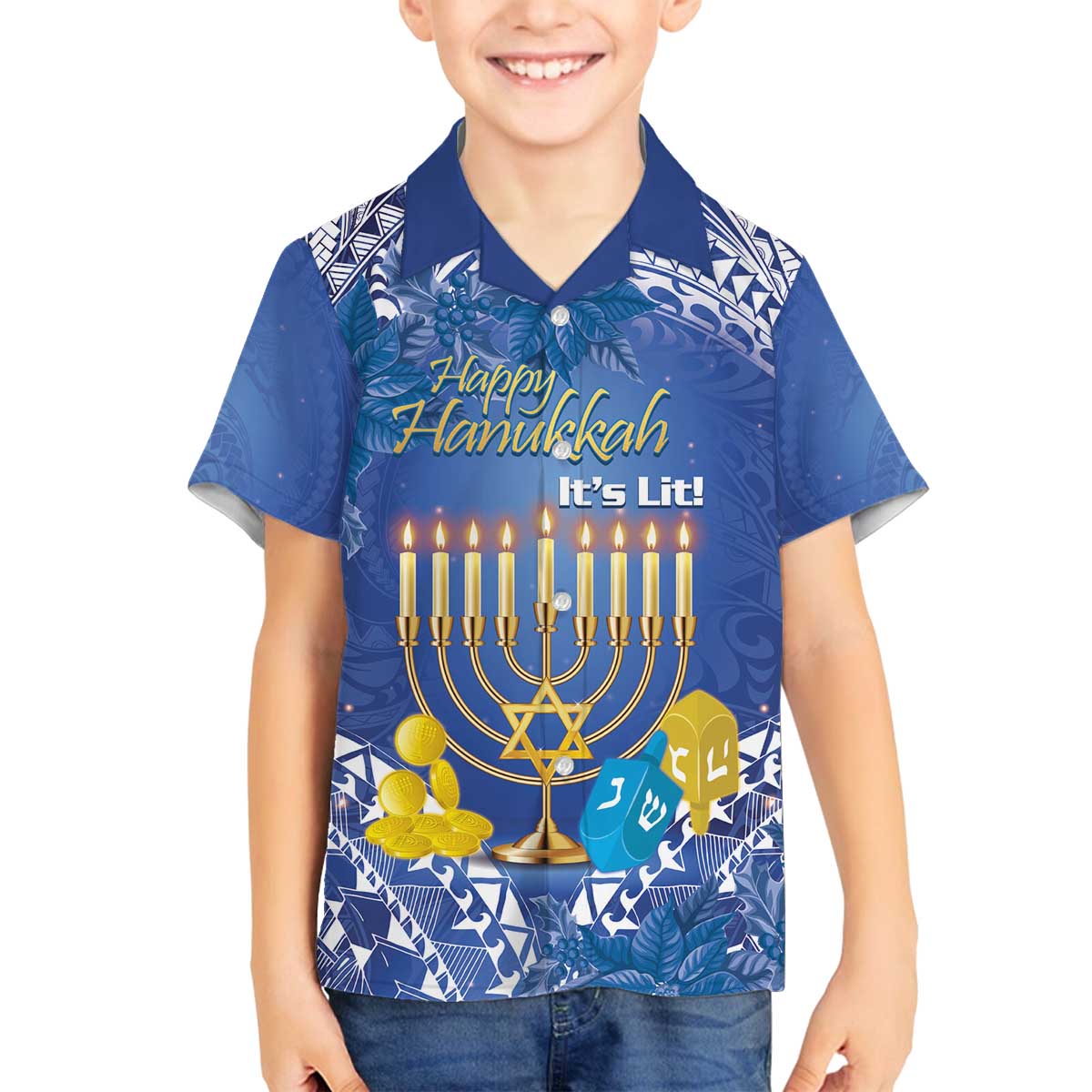Personalised Hanukkah Jewish Festival Family Matching Off The Shoulder Long Sleeve Dress and Hawaiian Shirt It's Lit - Polynesian Pattern