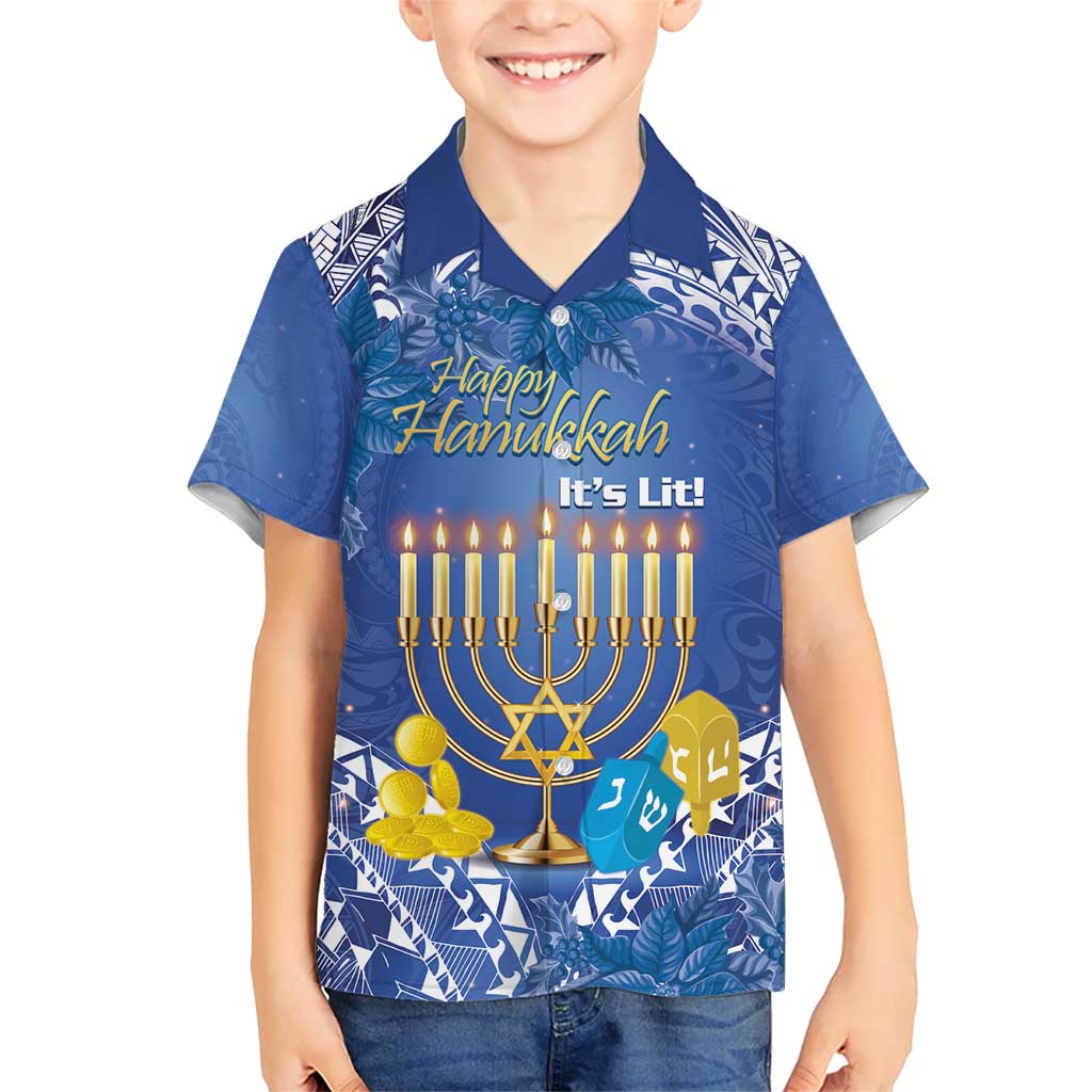 Personalised Hanukkah Jewish Festival Kid Hawaiian Shirt It's Lit - Polynesian Pattern LT14 Kid Blue - Polynesian Pride