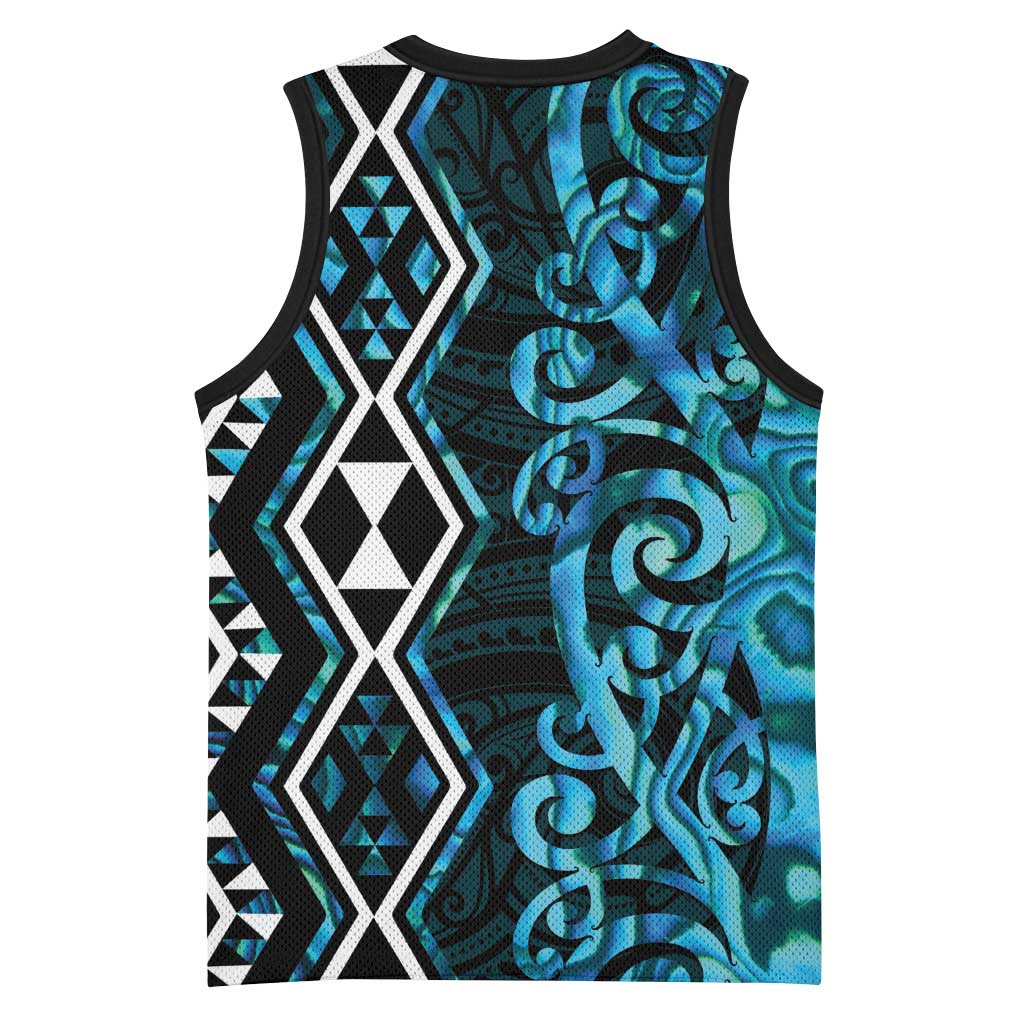 Turquoise Aotearoa Basketball Jersey Taniko Motifs With Paua Shell Kowhaiwhai - Polynesian Pride