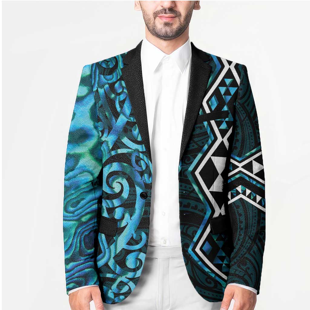 Turquoise Aotearoa Blazer Taniko Motifs With Paua Shell Kowhaiwhai - Polynesian Pride