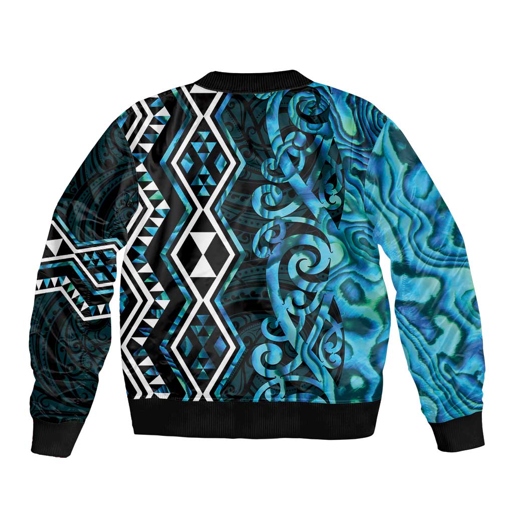 Turquoise Aotearoa Bomber Jacket Taniko Motifs With Paua Shell Kowhaiwhai