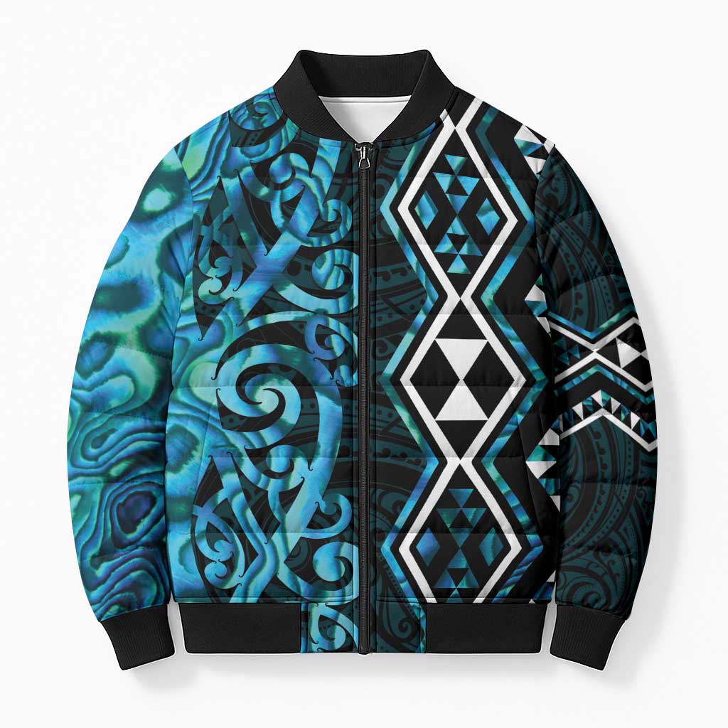 Turquoise Aotearoa Bomber Puffer Jacket Taniko Motifs With Paua Shell Kowhaiwhai - Polynesian Pride