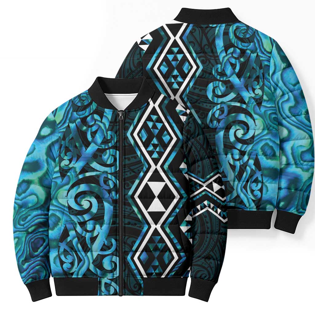 Turquoise Aotearoa Bomber Puffer Jacket Taniko Motifs With Paua Shell Kowhaiwhai - Polynesian Pride