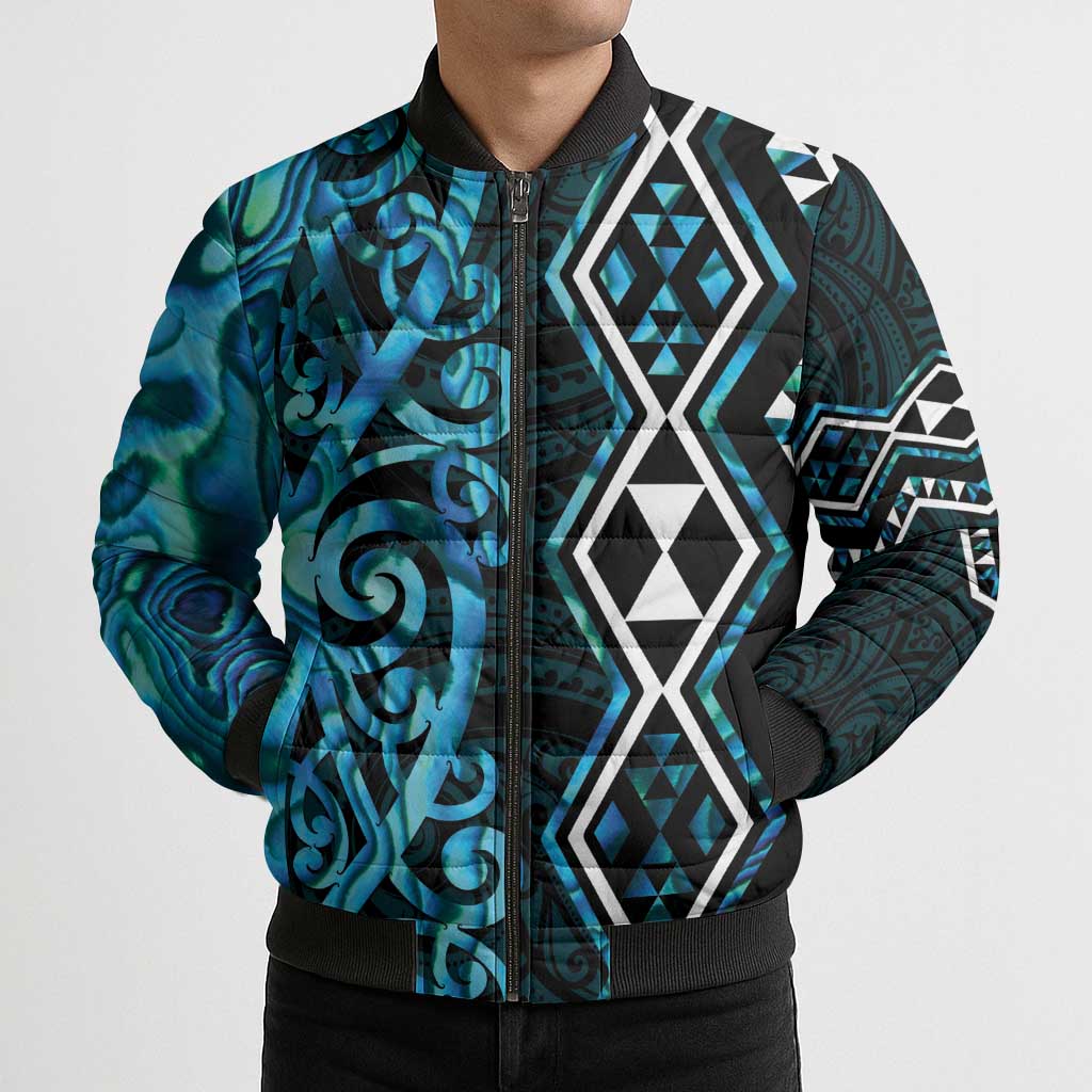Turquoise Aotearoa Bomber Puffer Jacket Taniko Motifs With Paua Shell Kowhaiwhai - Polynesian Pride