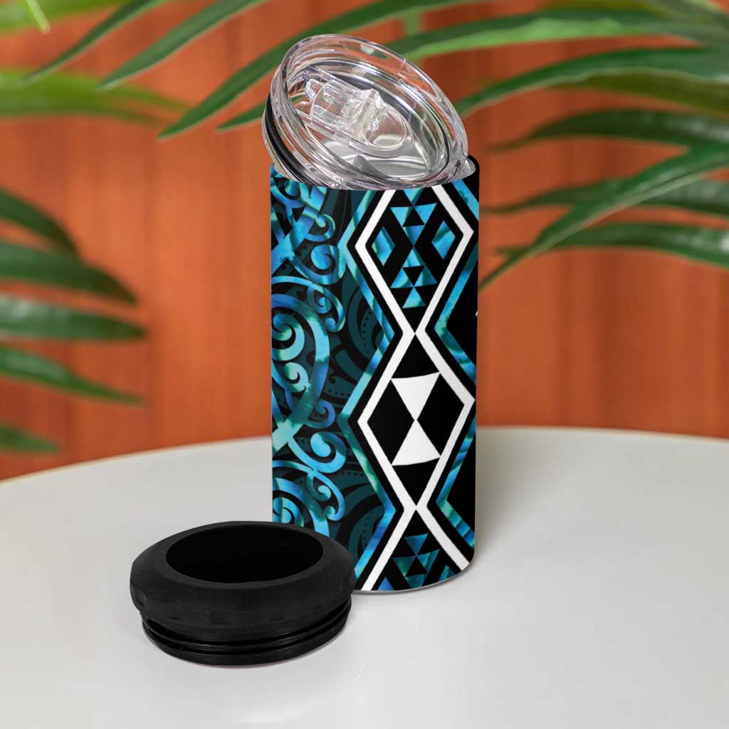 Turquoise Aotearoa 4 in 1 Can Cooler Tumbler Taniko Motifs With Paua Shell Kowhaiwhai