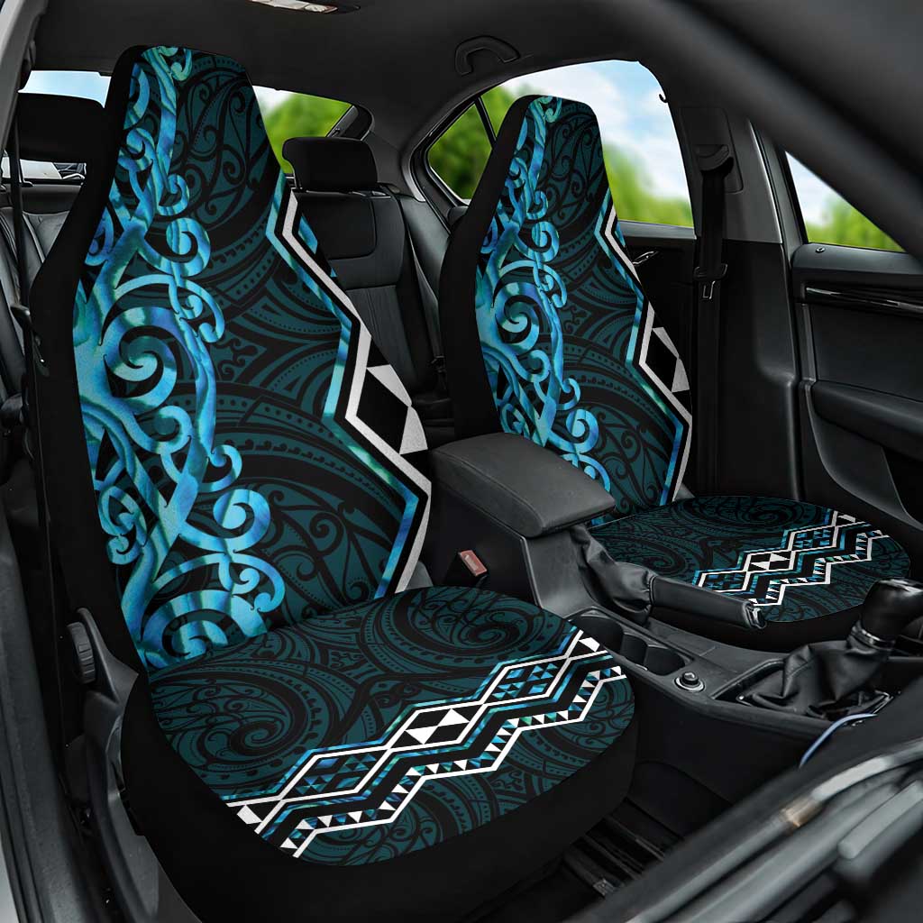 Turquoise Aotearoa Car Seat Cover Taniko Motifs With Paua Shell Kowhaiwhai
