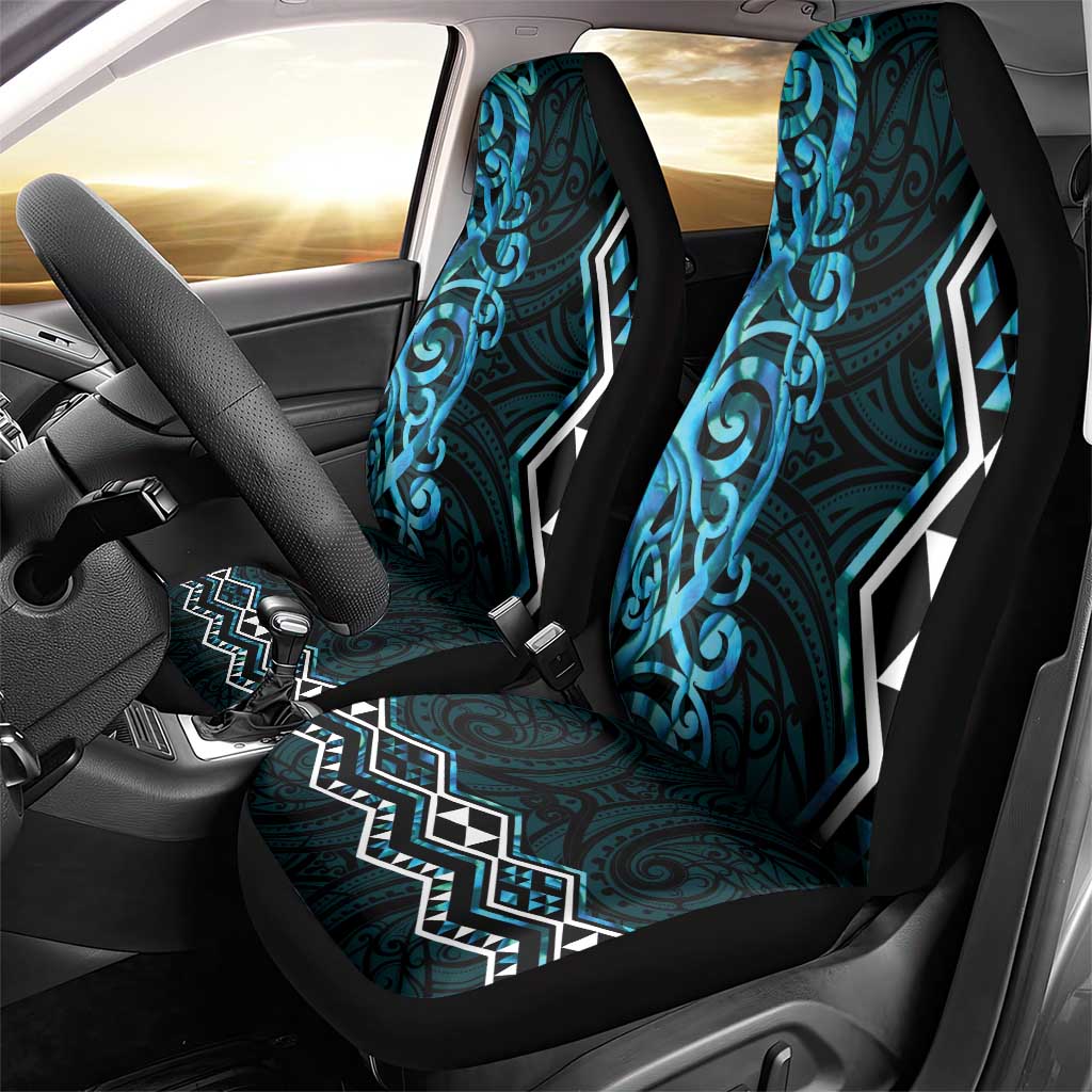 Turquoise Aotearoa Car Seat Cover Taniko Motifs With Paua Shell Kowhaiwhai