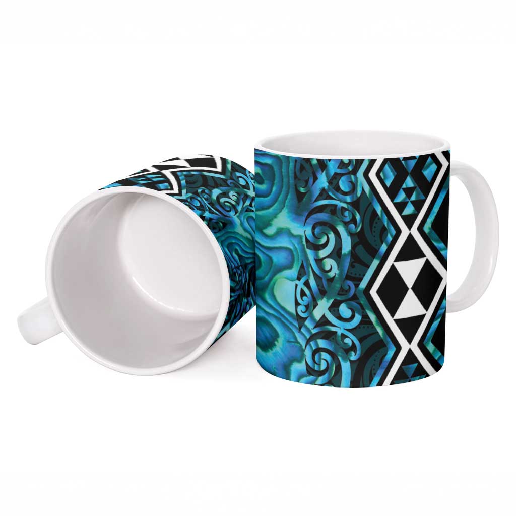 Turquoise Aotearoa Ceramic Mug Taniko Motifs With Paua Shell Kowhaiwhai - Polynesian Pride