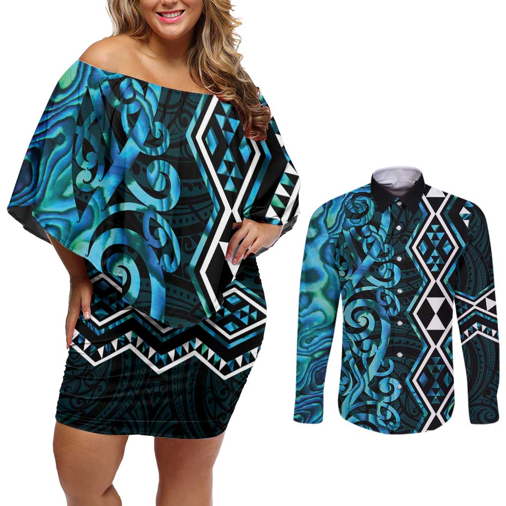 Turquoise Aotearoa Couples Matching Off Shoulder Short Dress and Long Sleeve Button Shirt Taniko Motifs With Paua Shell Kowhaiwhai