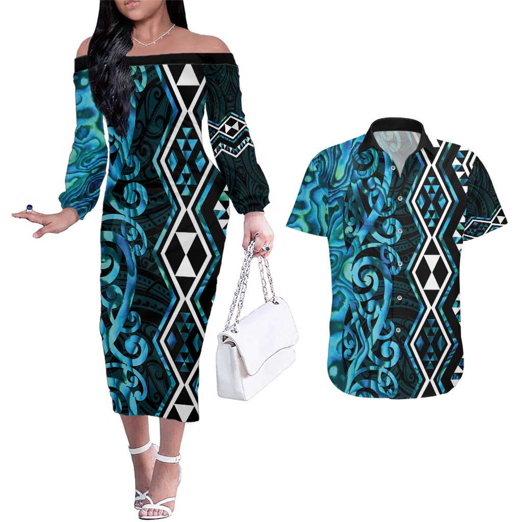 Turquoise Aotearoa Couples Matching Off The Shoulder Long Sleeve Dress and Hawaiian Shirt Taniko Motifs With Paua Shell Kowhaiwhai