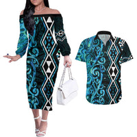 Turquoise Aotearoa Couples Matching Off The Shoulder Long Sleeve Dress and Hawaiian Shirt Taniko Motifs With Paua Shell Kowhaiwhai