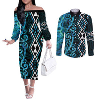 Turquoise Aotearoa Couples Matching Off The Shoulder Long Sleeve Dress and Long Sleeve Button Shirt Taniko Motifs With Paua Shell Kowhaiwhai