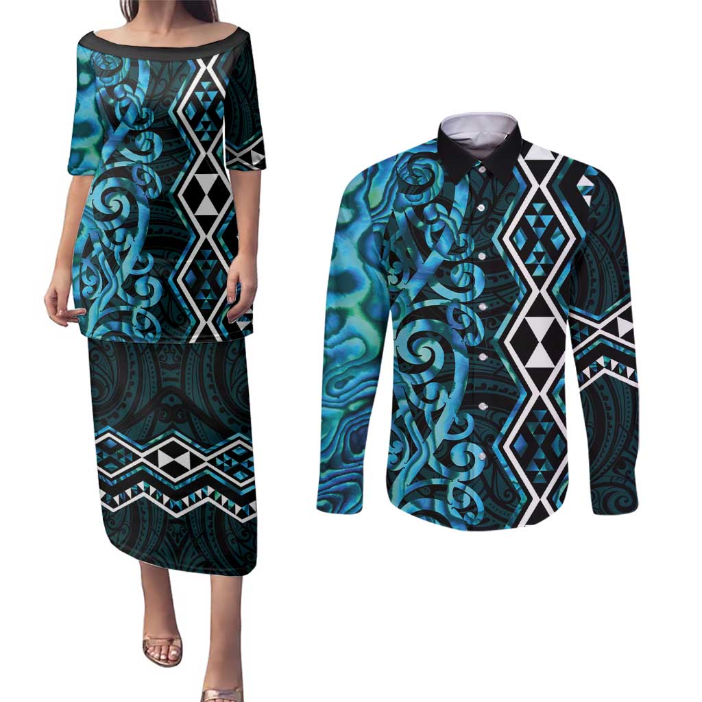 Turquoise Aotearoa Couples Matching Puletasi and Long Sleeve Button Shirt Taniko Motifs With Paua Shell Kowhaiwhai
