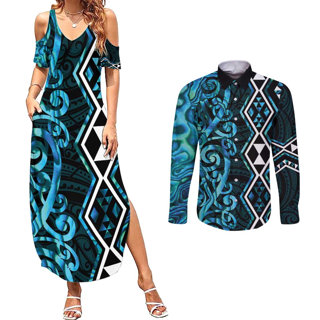 Turquoise Aotearoa Couples Matching Summer Maxi Dress and Long Sleeve Button Shirt Taniko Motifs With Paua Shell Kowhaiwhai