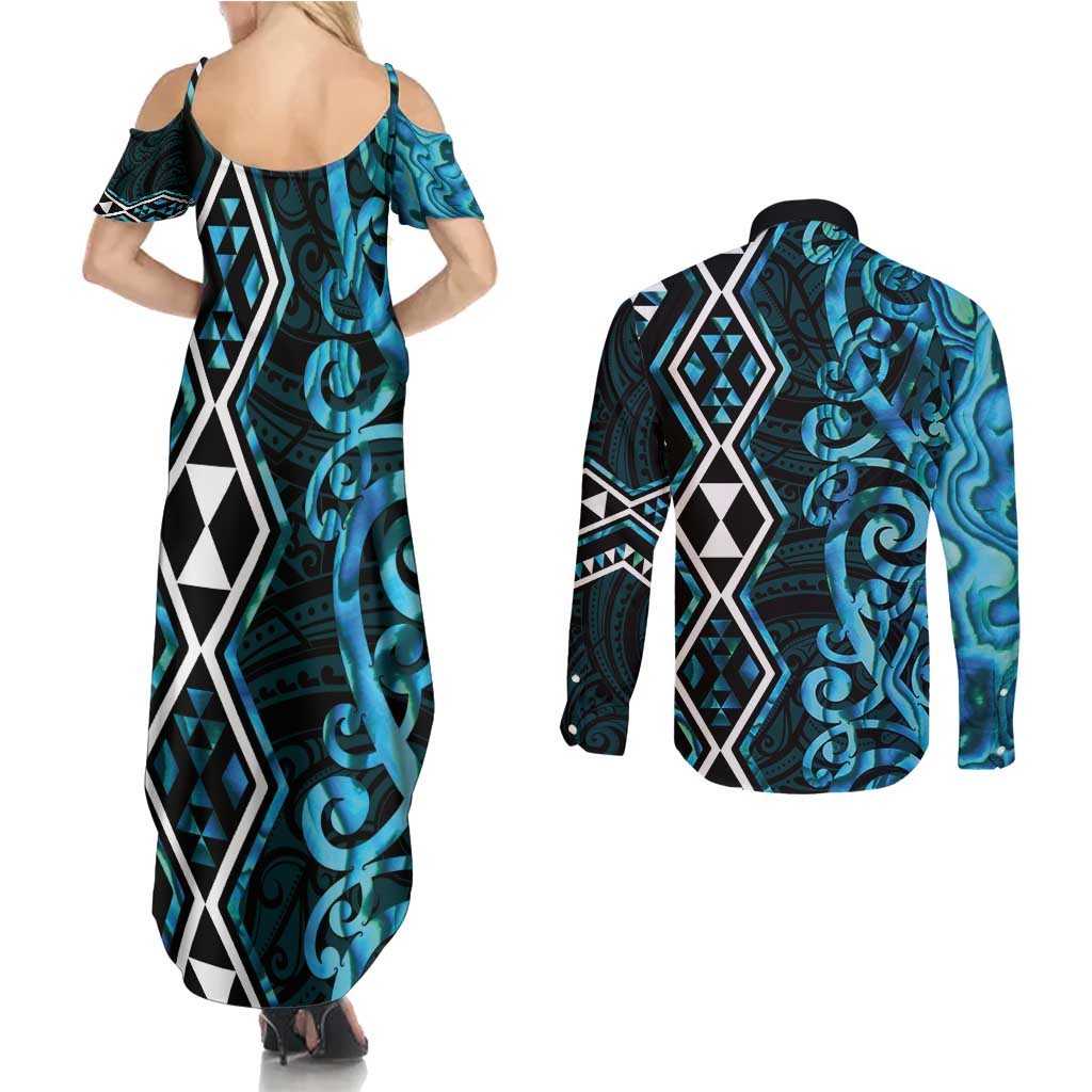 Turquoise Aotearoa Couples Matching Summer Maxi Dress and Long Sleeve Button Shirt Taniko Motifs With Paua Shell Kowhaiwhai