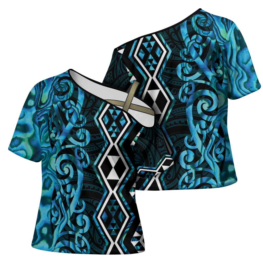Turquoise Aotearoa Cross Shoulder Shirt Taniko Motifs With Paua Shell Kowhaiwhai - Polynesian Pride