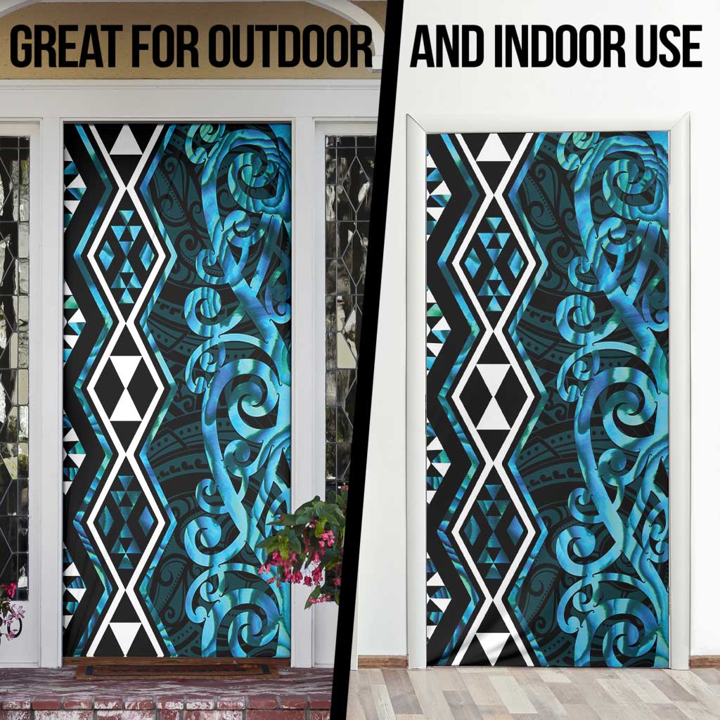 Turquoise Aotearoa Door Cover Taniko Motifs With Paua Shell Kowhaiwhai - Polynesian Pride