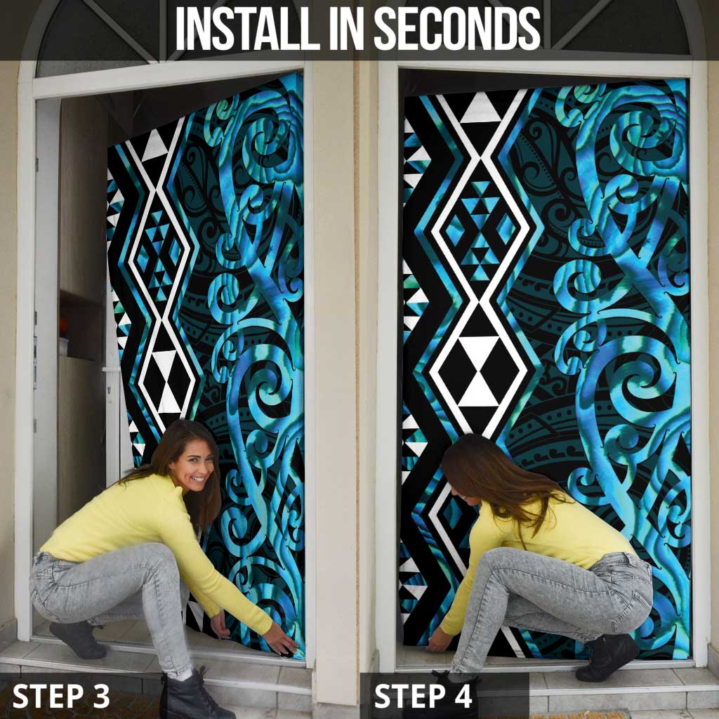 Turquoise Aotearoa Door Cover Taniko Motifs With Paua Shell Kowhaiwhai - Polynesian Pride