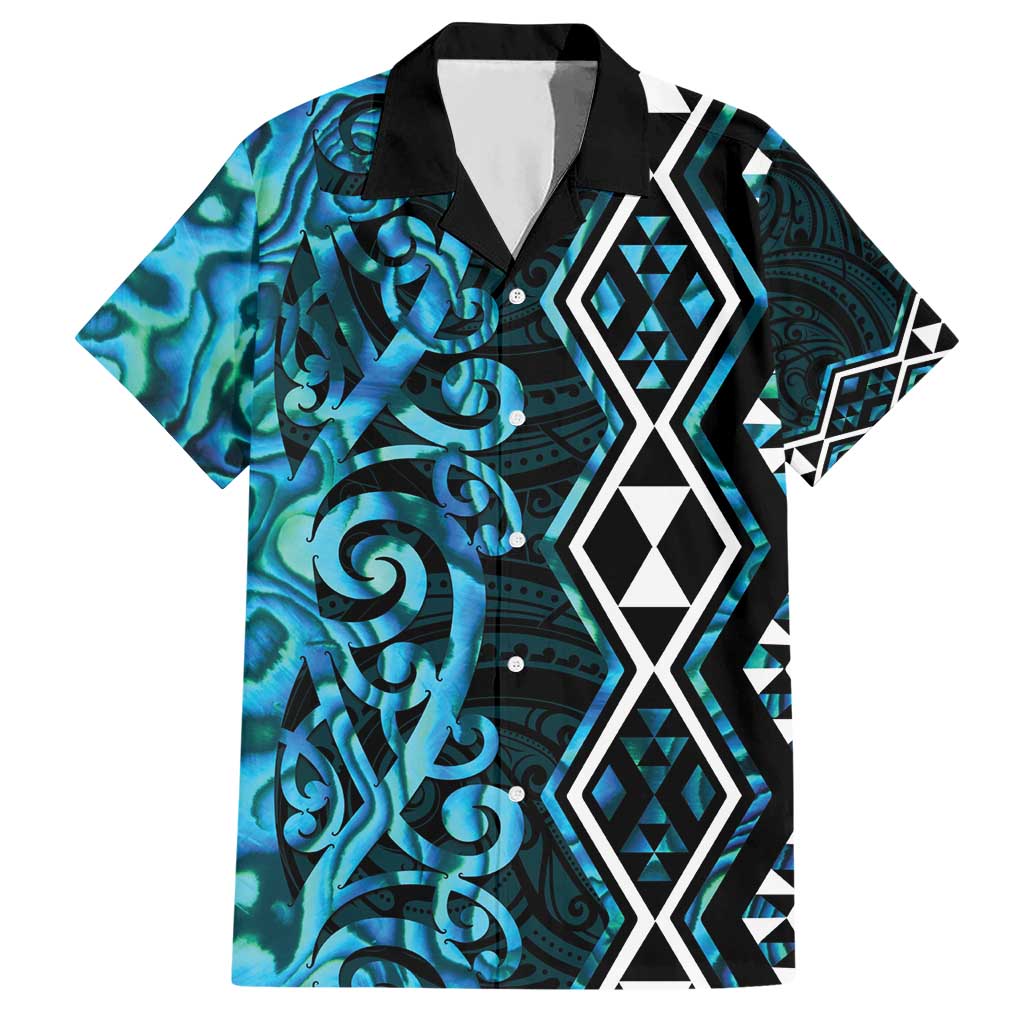 Turquoise Aotearoa Hawaiian Shirt Taniko Motifs With Paua Shell Kowhaiwhai