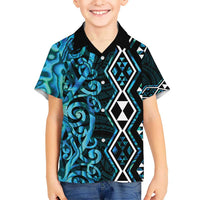 Turquoise Aotearoa Kid Hawaiian Shirt Taniko Motifs With Paua Shell Kowhaiwhai LT14 Kid Turquoise - Polynesian Pride