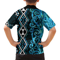 Turquoise Aotearoa Kid Hawaiian Shirt Taniko Motifs With Paua Shell Kowhaiwhai LT14 - Polynesian Pride