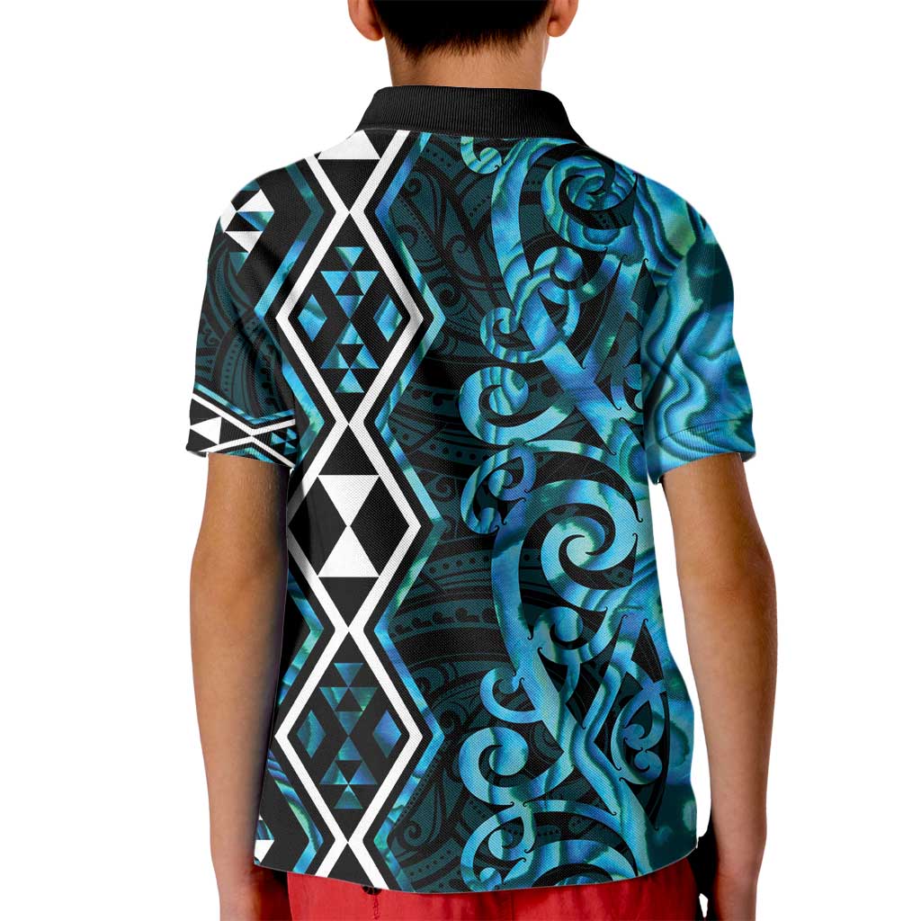 Turquoise Aotearoa Kid Polo Shirt Taniko Motifs With Paua Shell Kowhaiwhai LT14 - Polynesian Pride