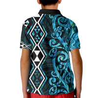 Turquoise Aotearoa Kid Polo Shirt Taniko Motifs With Paua Shell Kowhaiwhai LT14 - Polynesian Pride