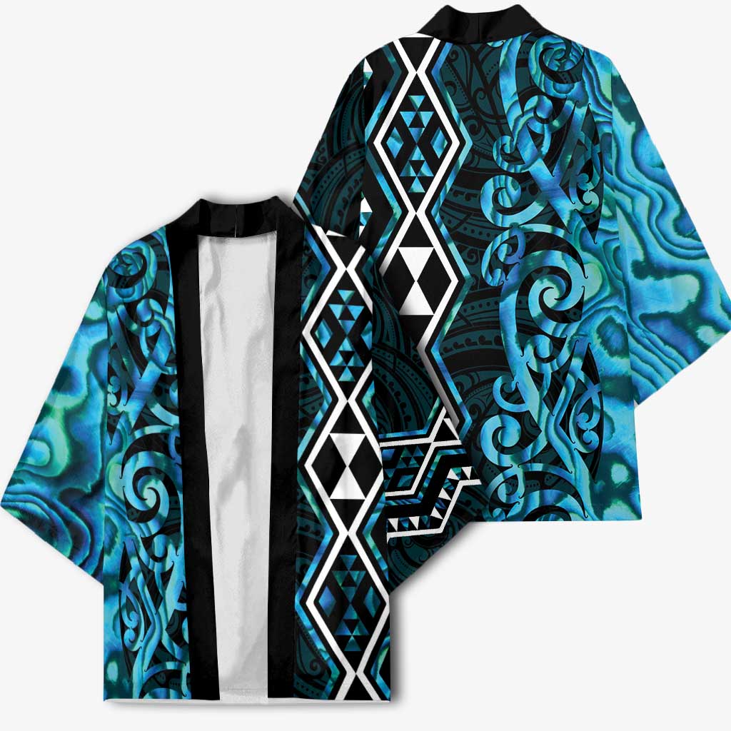 Turquoise Aotearoa Kimono Taniko Motifs With Paua Shell Kowhaiwhai - Polynesian Pride