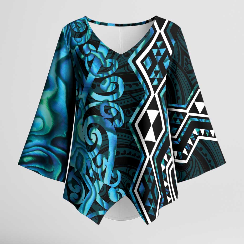 Turquoise Aotearoa Kimono Sleeve Blouse Taniko Motifs With Paua Shell Kowhaiwhai - Polynesian Pride