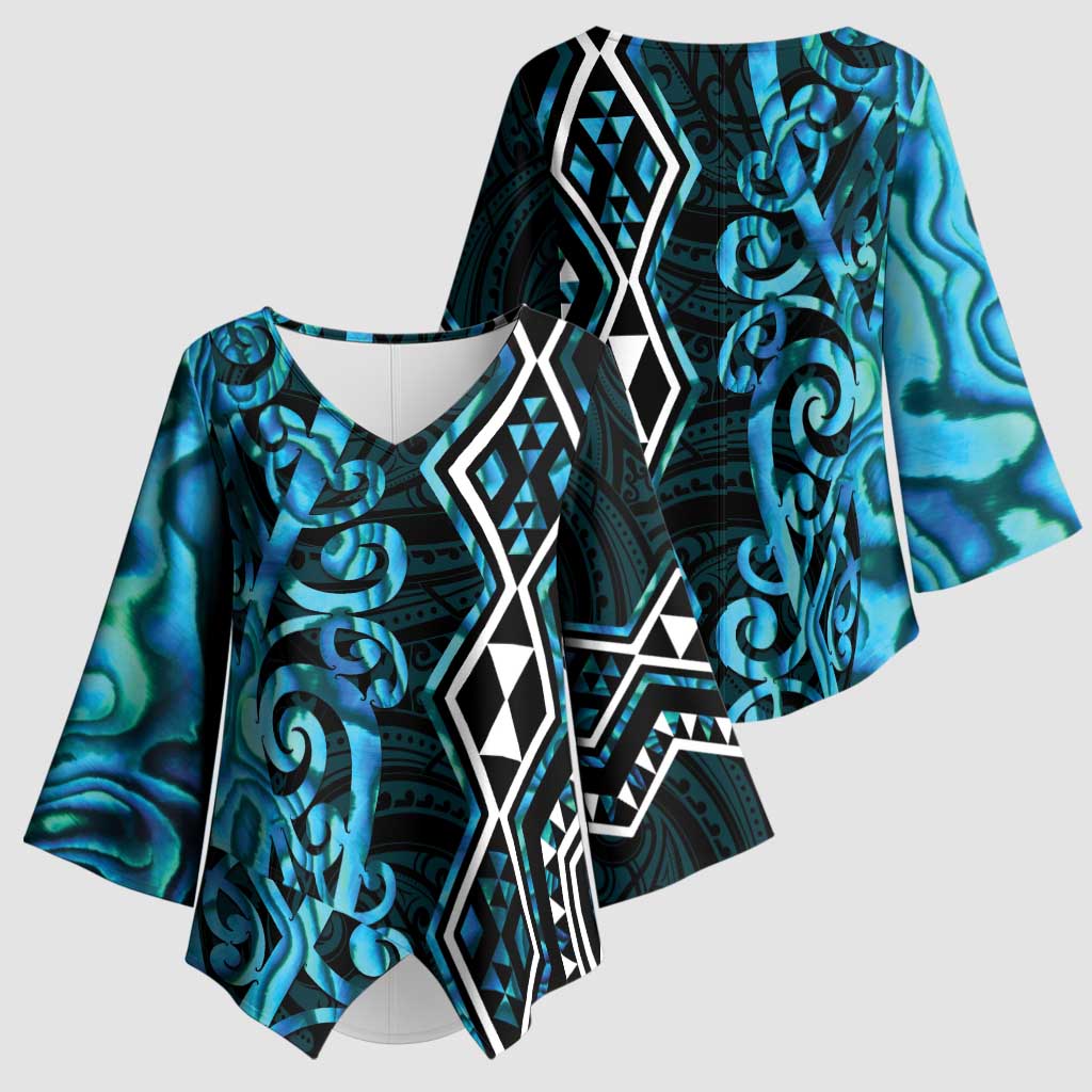 Turquoise Aotearoa Kimono Sleeve Blouse Taniko Motifs With Paua Shell Kowhaiwhai - Polynesian Pride