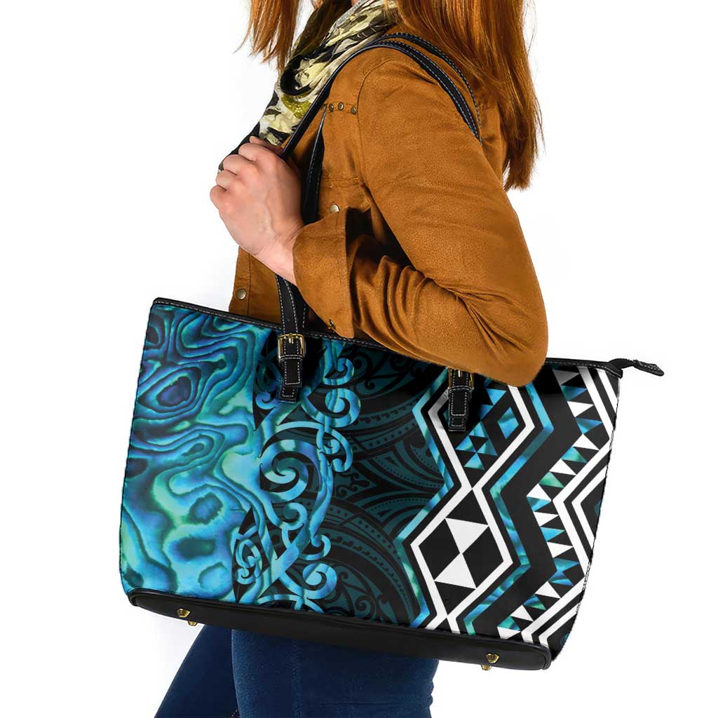Turquoise Aotearoa Leather Tote Bag Taniko Motifs With Paua Shell Kowhaiwhai