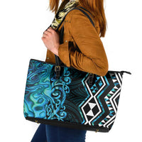 Turquoise Aotearoa Leather Tote Bag Taniko Motifs With Paua Shell Kowhaiwhai