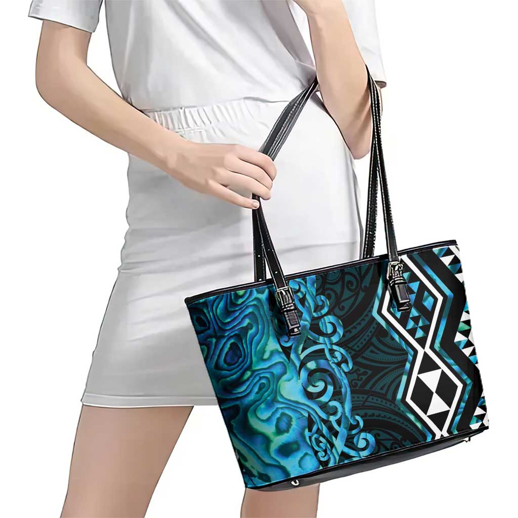 Turquoise Aotearoa Leather Tote Bag Taniko Motifs With Paua Shell Kowhaiwhai