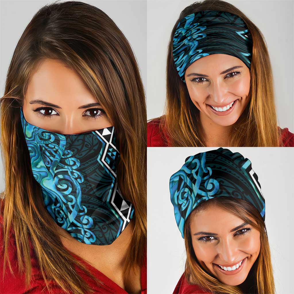 Turquoise Aotearoa Neck Gaiter Taniko Motifs With Paua Shell Kowhaiwhai - Polynesian Pride